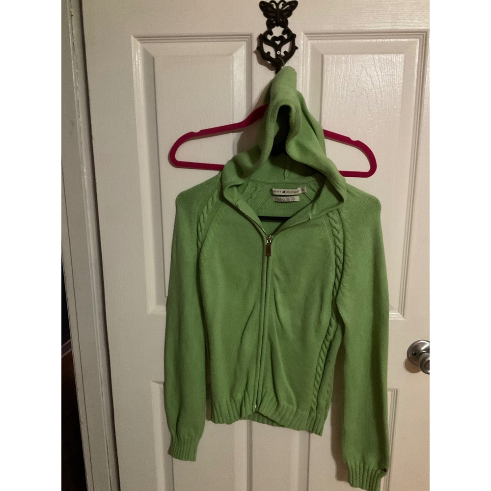 Tommy Hilfiger Lime Green Full Zip Hooded Cable Knit Sweater Womens Small